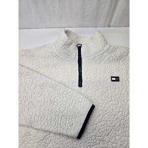 Tommy Hilfiger Sherpa Fleece Cropped 1/4 Zip Pullover Cropped Navy Size L Y2K